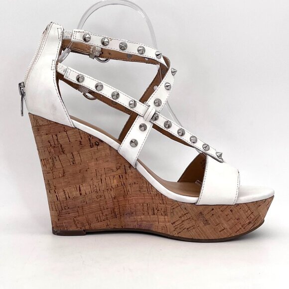 Marc Fisher White Leather Studded Cork Wedge Platform Sandals Heels Size 8M - Picture 11 of 15